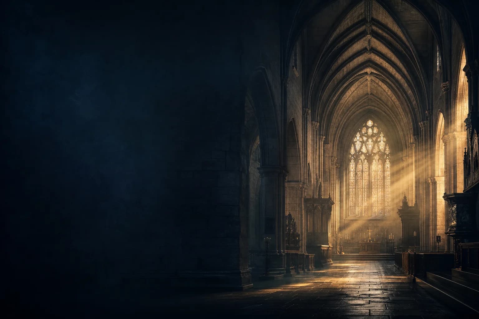 Eski taş kilise iç mekânı, gotik kemerler ve lacivert-altın atmosfer — güvenilir hoca Medyum Armağan